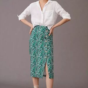 Hutch, Green Linen Toucan Button Slit Midi Pencil Skirt, 8 Summer Office Anthro